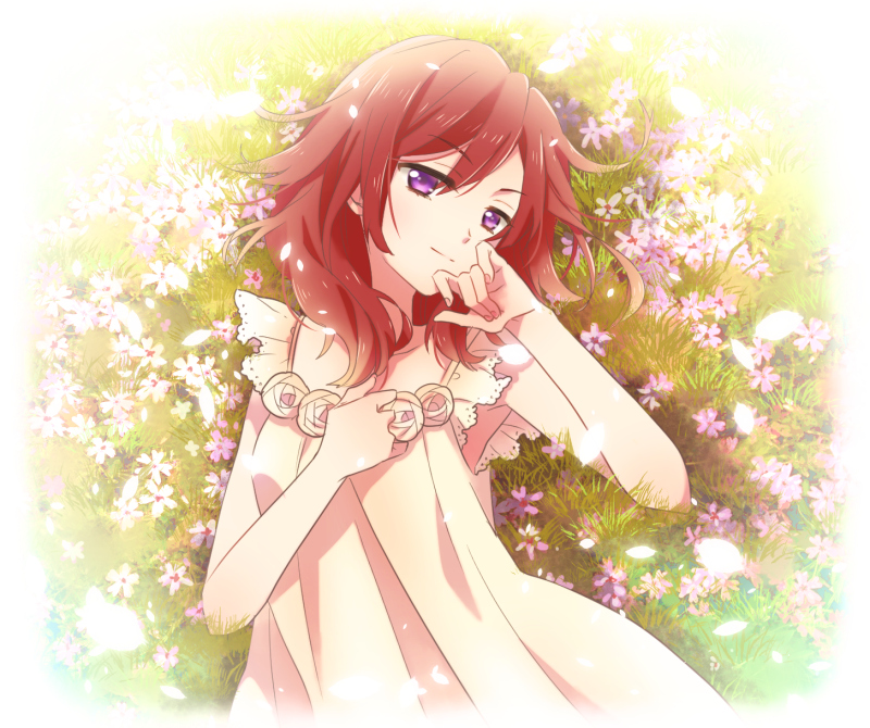 1girl field flower flower_field from_above grass hand_on_own_chest hand_to_head light_smile long_hair looking_at_viewer love_live!_school_idol_project lying nishikino_maki outdoors petals redhead sleeveless solo violet_eyes yuu_(1197159)