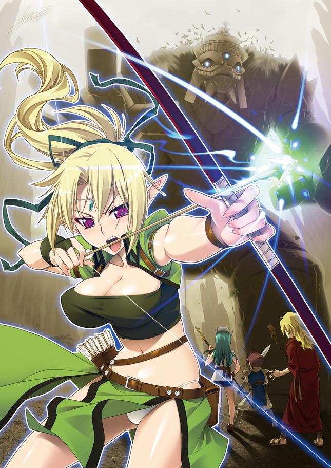 2boys 2girls arrow belt blonde_hair boots bow_(weapon) bracelet breasts bridal_gauntlets circlet cleavage cross elf golem green_hair jewelry large_breasts long_hair mage midriff multiple_boys multiple_girls open_mouth original panties pointy_ears ponytail pouch priest quiver robe sandals shorts single_glove skirt staff sword tomomimi_shimon underwear vest violet_eyes weapon white_panties