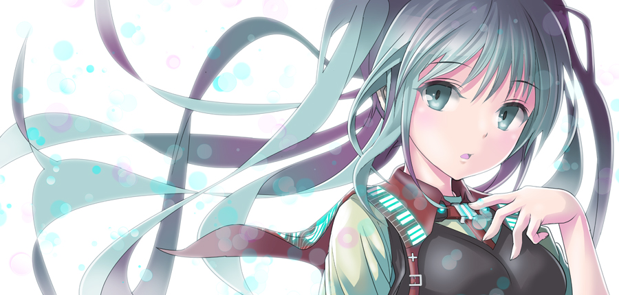 1girl floating_hair hatsune_miku long_hair looking_at_viewer piano_print solo suishougensou vocaloid white_background