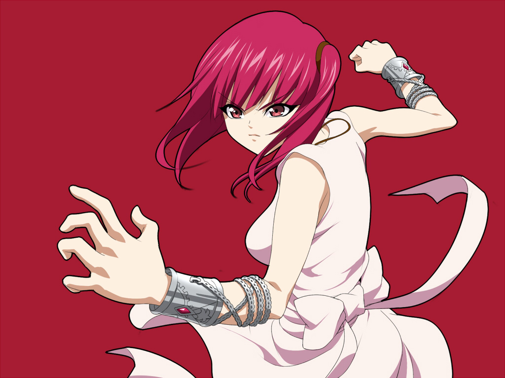 1girl angry bowtie bracelet chain dress fighting_stance jewelry long_hair magi_the_labyrinth_of_magic morgiana noriheita red_eyes redhead side_ponytail simple_background sleeveless sleeveless_dress solo