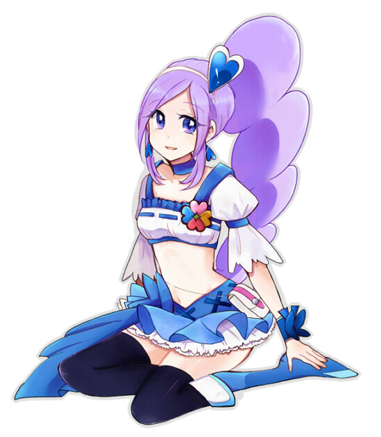 1girl aono_miki blue_skirt boots choker cure_berry drill_hair earrings eyelashes fresh_precure! frilled_skirt frills hair_ornament hairband happy high_heels jewelry knee_boots long_hair looking_at_viewer magical_girl midriff navel open_mouth ponytail precure purple_hair ribbon shijima_(agkm) shirt side_ponytail simple_background sitting skirt smile solo thighhighs thighs violet_eyes white_background wrist_cuffs