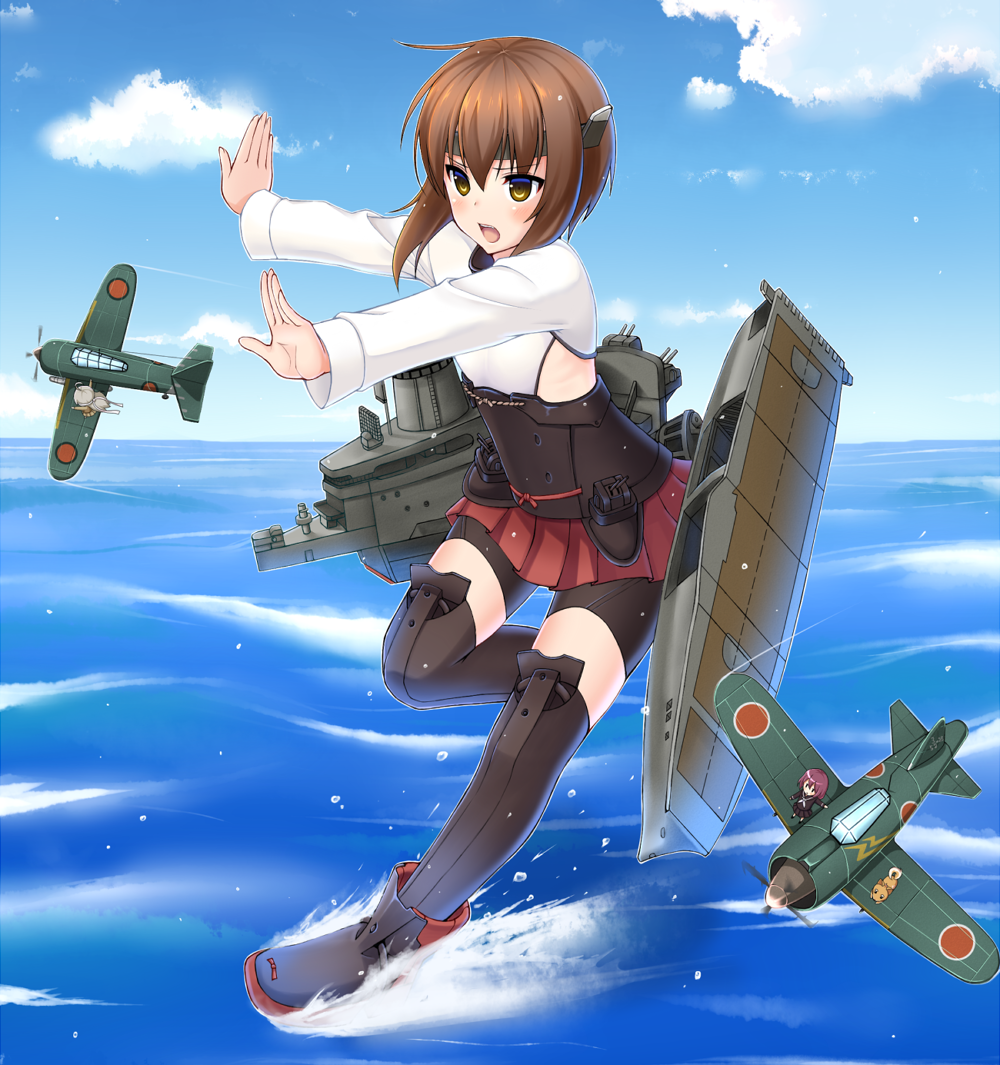 1girl airplane bike_shorts brown_eyes brown_hair fairy_(kantai_collection) headband headgear kantai_collection momiji7728 open_mouth personification short_hair skirt solo taihou_(kantai_collection) thigh-highs water