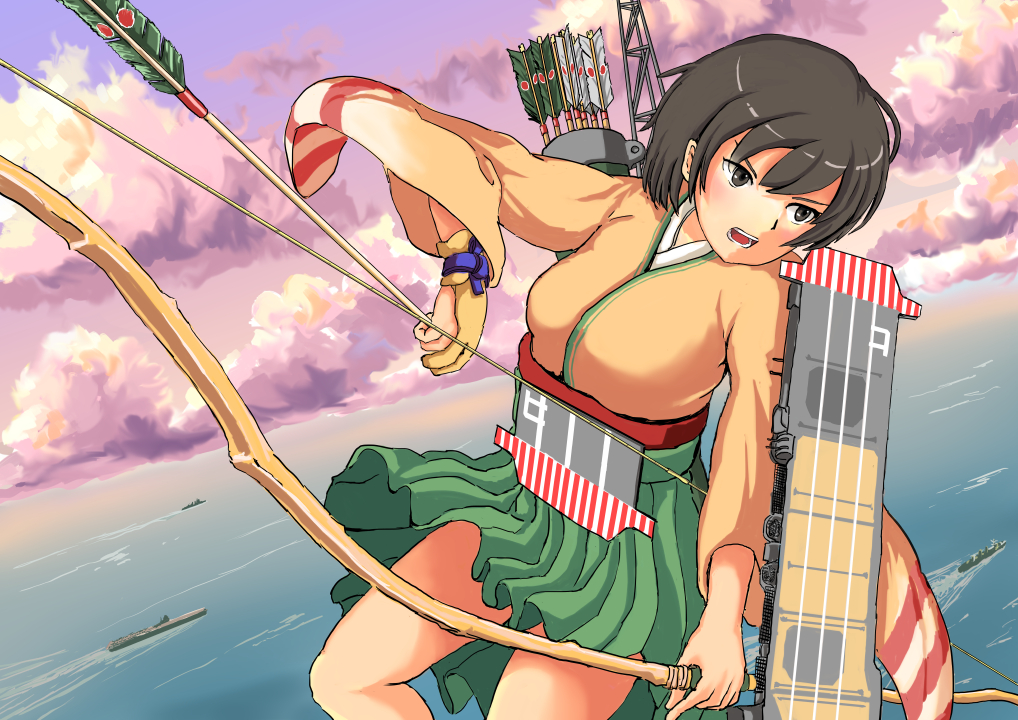 1girl aircraft_carrier archery arrow blue_sky blush breasts brown_eyes brown_hair clouds destroyer flight_deck hiryuu_(kantai_collection) japanese_clothes kantai_collection kyuudou long_sleeves muneate ocean open_mouth personification quiver ricitap short_hair side_ponytail single_glove skirt sky wide_sleeves yugake