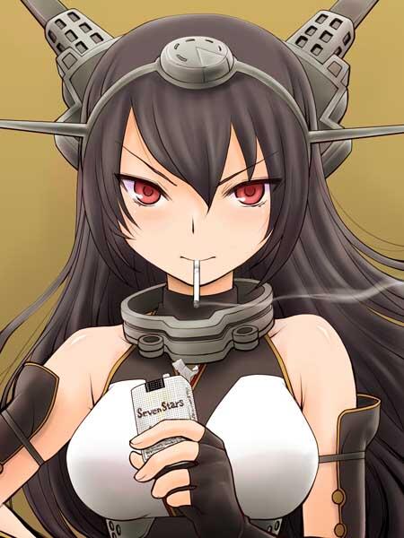 1girl bare_shoulders black_hair breasts cigarette cigarette_box commentary fingerless_gloves gloves hair_ornament hairband headgear kantai_collection large_breasts long_hair looking_at_viewer nagaoka_kenzou nagato_(kantai_collection) pun red_eyes simple_background smoke smoking solo