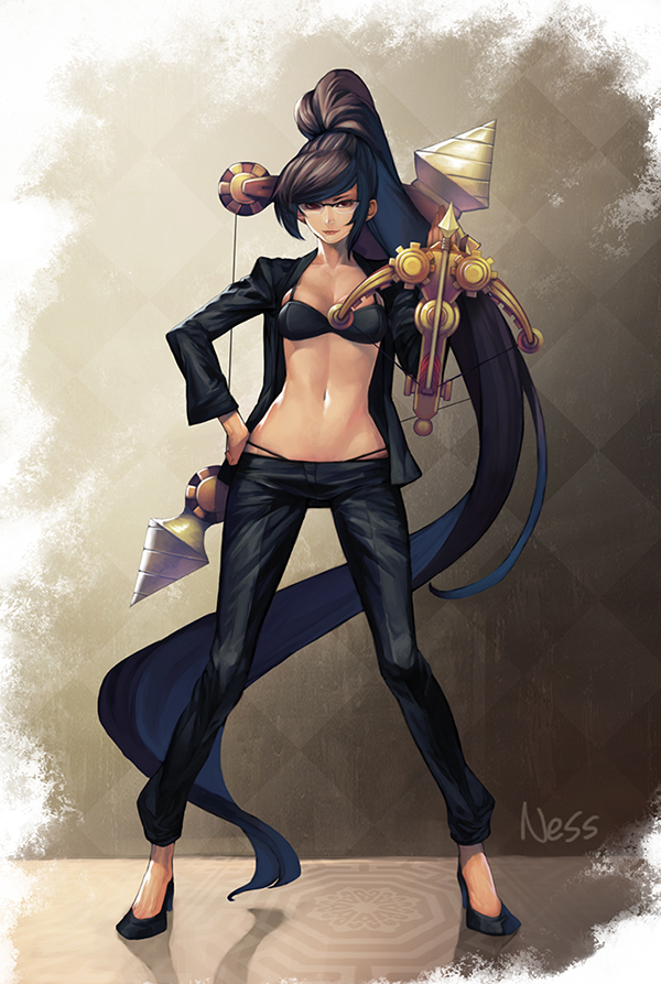 1girl alternate_costume black_hair black_pants bow_(weapon) bra brown_eyes crossbow eirashard full_body glasses hand_on_hip high_heels jacket league_of_legends long_hair long_sleeves looking_at_viewer open_clothes open_jacket ponytail shauna_vayne smile solo standing underwear weapon