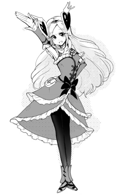 1girl arm_warmers boots cure_passion detached_sleeves dress eyelashes fresh_precure! hair_ornament happy higashi_setsuna high_heels long_hair looking_at_viewer magical_girl monochrome open_mouth pantyhose pose precure ribbon shijima_(agkm) smile solo standing white_background