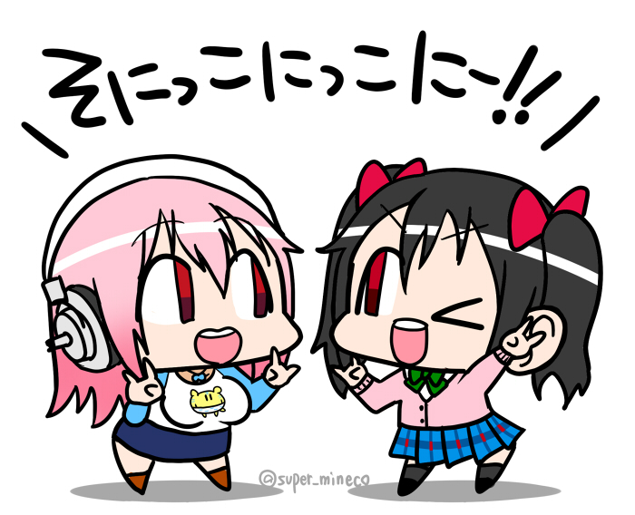 2girls black_hair blush breasts chibi headphones ichi/mine large_breasts long_hair love_live!_school_idol_project multiple_girls nitroplus open_mouth pink_hair red_eyes short_hair skirt smile super_sonico translation_request twintails yazawa_nico