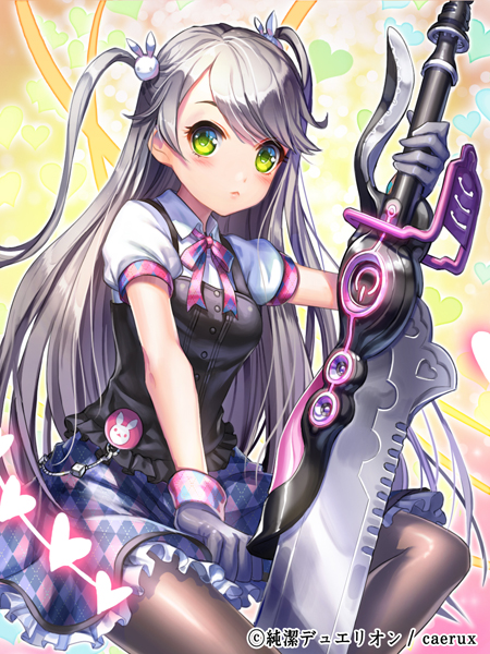 1girl blush character_request checkered checkered_skirt esphy frown gloves green_eyes grey_gloves grey_hair heart holding_weapon junketsu_duelion long_hair pantyhose puffy_sleeves shirt short_sleeves skirt solo sword two_side_up weapon white_shirt