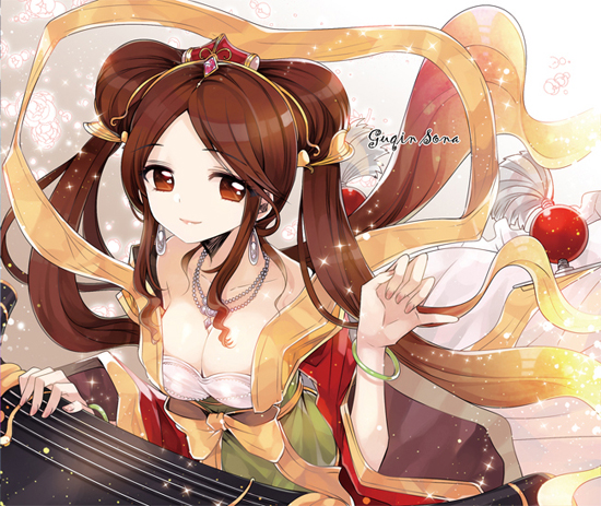 1girl alternate_costume alternate_hair_color asamiyajy bracelet breasts brown_eyes brown_hair cleavage dress earrings jewelry league_of_legends long_hair long_sleeves musical_instrument necklace smile solo sona_buvelle sparkle twintails