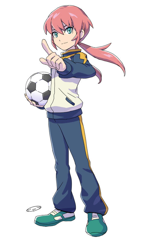 1boy aqua_eyes ball inazuma_eleven_(series) inazuma_eleven_go kirino_ranmaru long_hair male mizuhara_aki pink_hair simple_background soccer_ball solo standing telstar track_jacket track_pants track_suit twintails white_background