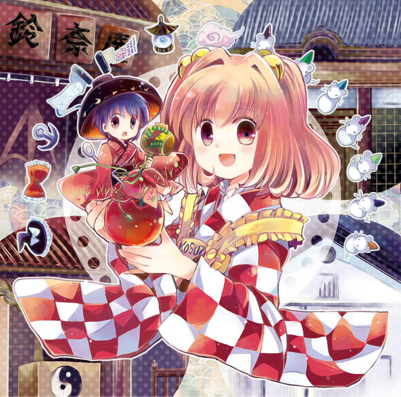 2girls :d apple apron architecture barefoot bell bishamonten's_pagoda bow bowl checkered clouds east_asian_architecture food food_themed_clothes fruit hair_bell hair_ornament hat japanese_clothes kimono mallet minigirl motoori_kosuzu mouse multiple_girls needle open_mouth purple_hair red_eyes redhead scroll seigaiha smile sukuna_shinmyoumaru suzune_yuuji touhou wide_sleeves witch_hat yin_yang