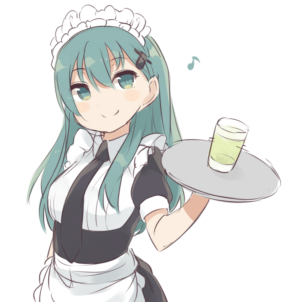 1girl alternate_costume apron aqua_eyes aqua_hair black_necktie blush_stickers drinking_glass enmaided hair_ornament hairclip holding kantai_collection long_hair looking_at_viewer maid maid_apron maid_headdress musical_note necktie short_sleeves simple_background smile solo standing suzuya_(kantai_collection) totoki86 tray white_background