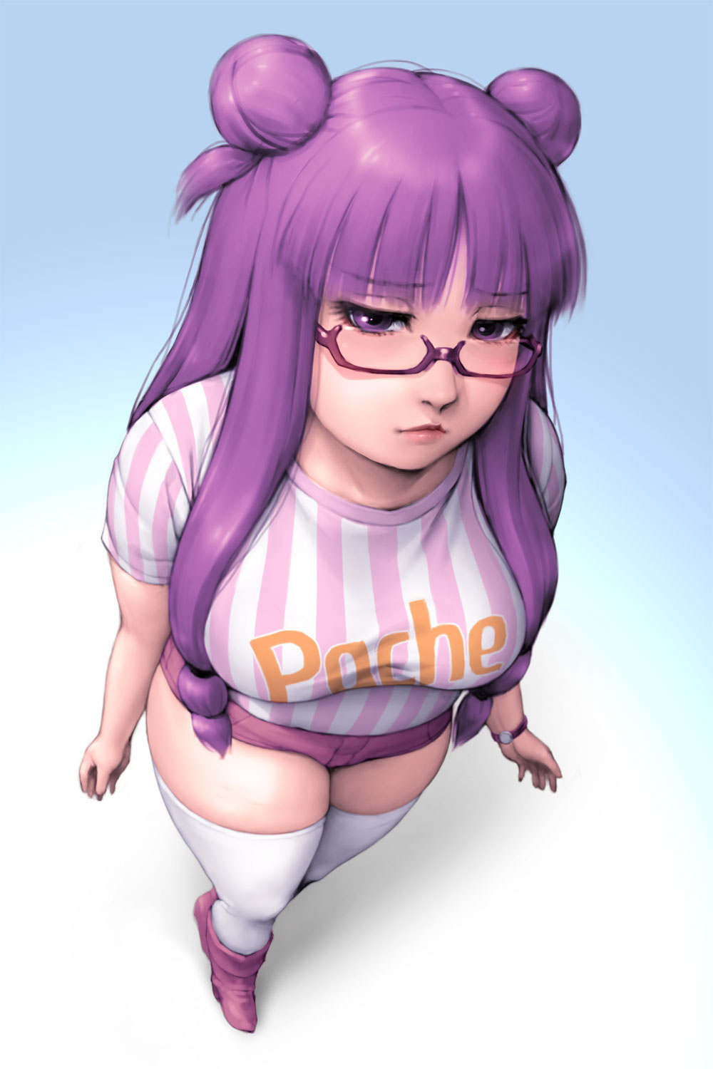 1girl alternate_costume bespectacled breasts double_bun from_above glasses hair_bun highres large_breasts long_hair looking_at_viewer patchouli_knowledge perspective plump purple-framed_glasses purple_hair shirt short_shorts shorts solo striped striped_shirt thigh-highs touhou tripleeight very_long_hair violet_eyes white_legwear