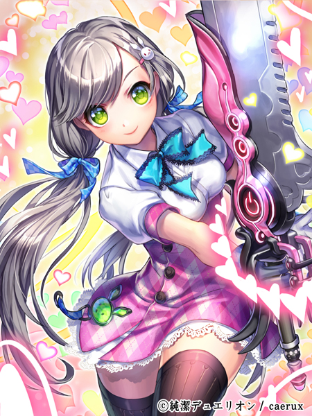 1girl black_legwear character_request checkered checkered_skirt esphy gloves green_eyes grey_hair heart holding_weapon junketsu_duelion long_hair looking_at_viewer pink_skirt puffy_sleeves shirt short_sleeves skirt smile solo sword thigh-highs twintails weapon white_shirt zettai_ryouiki