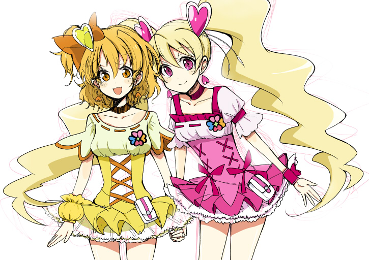 2girls blonde_hair choker cure_peach cure_pine dress earrings eyelashes fresh_precure! frilled_dress frills hair_ornament hair_ribbon happy heart heart_hair_ornament jewelry long_hair looking_at_viewer magical_girl momozono_love multiple_girls open_mouth orange_dress orange_eyes orange_hair pink_dress pink_eyes ponytail precure ribbon ribbon-trimmed_clothes ribbon_trim shijima_(agkm) short_hair side_ponytail simple_background sketch smile standing twintails white_background wrist_cuffs yamabuki_inori