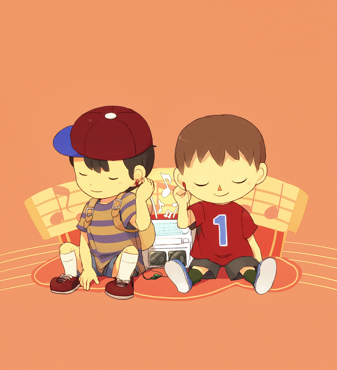 black_hair brown_hair closed_eyes doubutsu_no_mori earphones hat kusattemo mother_(game) mother_2 ness nintendo radio smile super_smash_bros. villager_(doubutsu_no_mori)