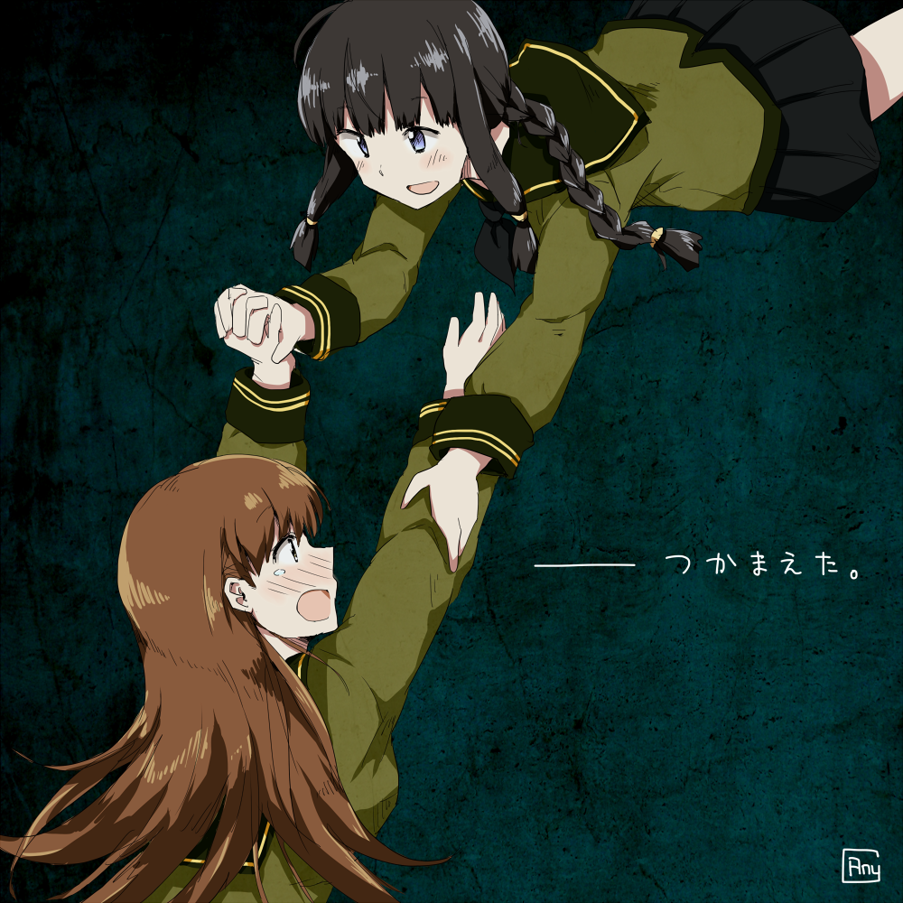 2girls any_(lucky_denver_mint) bangs black_hair blue_eyes blunt_bangs braid brown_eyes brown_hair crying crying_with_eyes_open holding_hands interlocked_fingers kantai_collection kitakami_(kantai_collection) long_hair looking_at_another multiple_girls ooi_(kantai_collection) school_uniform serafuku tears translated