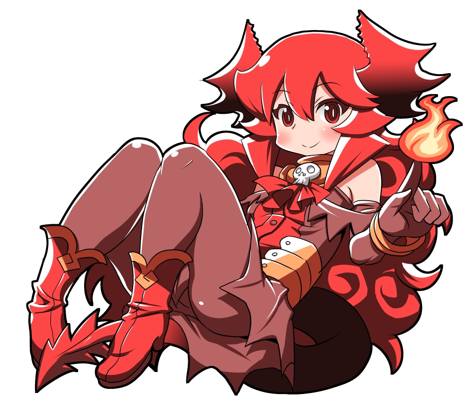 1girl ankle_boots boots bracelet demon_girl demon_horns demon_tail elbow_gloves fire flat_chest gloves horns jewelry long_hair magic maou_beluzel matsuda_yuusuke original pantyhose reclining red_eyes redhead smile solo tail yuusha_to_maou