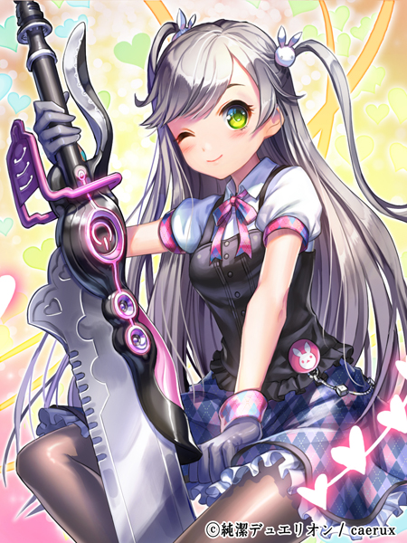 1girl blush character_request checkered checkered_skirt esphy gloves green_eyes grey_gloves grey_hair heart holding_weapon junketsu_duelion long_hair one_eye_closed pantyhose puffy_sleeves shirt short_sleeves skirt smile solo sword two_side_up weapon white_shirt wink