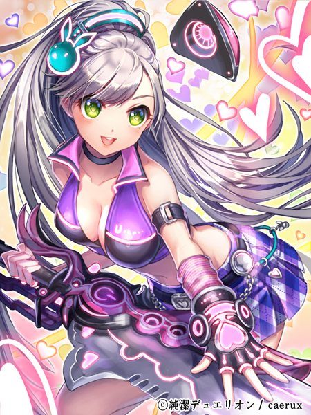 1girl belt breasts character_request cleavage crop_top esphy fingerless_gloves gloves green_eyes grey_hair headphones heart holding_weapon junketsu_duelion long_hair midriff navel open_mouth ponytail purple_shirt purple_skirt skirt smile solo sword weapon