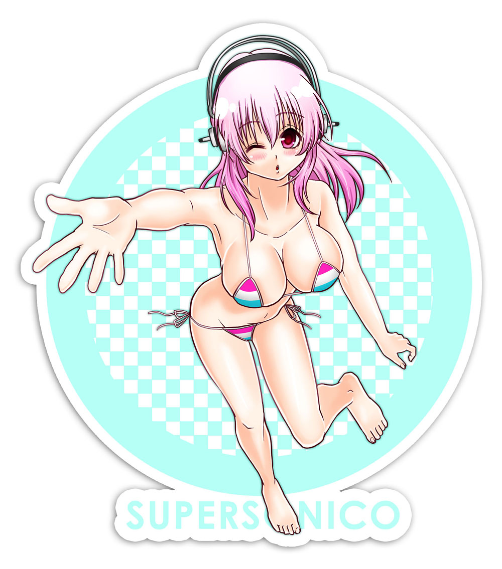 1girl bikini blush breasts cleavage headphones ichi/mine large_breasts long_hair looking_at_viewer nitroplus one_eye_closed open_mouth pink_eyes pink_hair solo super_sonico swimsuit wink