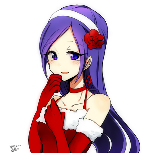 1girl adapted_costume aono_miki bare_shoulders blush choker christmas detached_sleeves dress elbow_gloves eyelashes flower fresh_precure! fur fur_trim gloves hair_flower hair_ornament hairband long_hair looking_at_viewer lowres open_mouth precure purple_hair red_dress red_gloves shijima_(agkm) simple_background solo translation_request violet_eyes white_background
