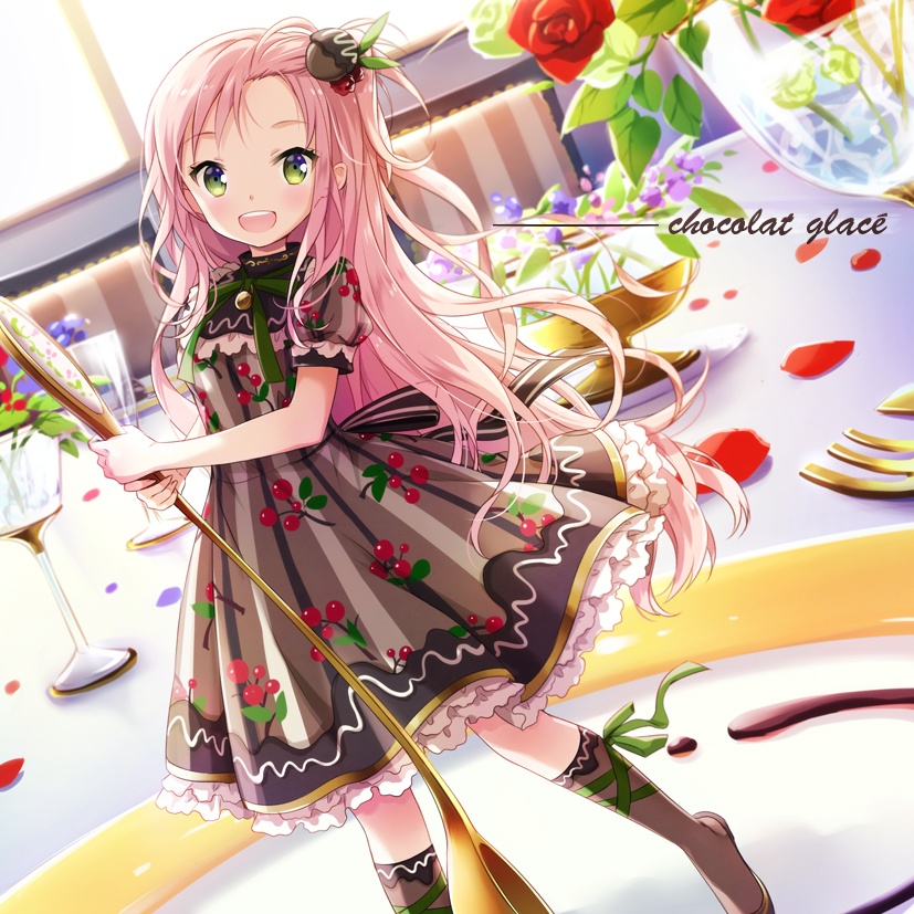 1girl :d black_dress dress flower french green_eyes hair_ornament long_hair looking_at_viewer minigirl nyanya open_mouth original petals pink_hair print_dress puffy_sleeves red_rose rose short_sleeves smile solo spoon table very_long_hair