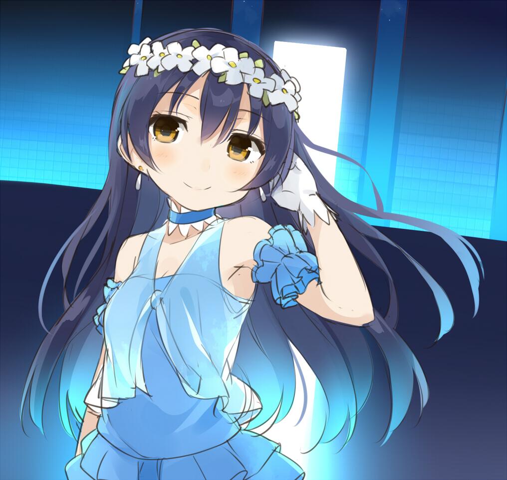 bare_shoulders black_hair blue_clothes blush choker earrings flower_wreath frills gloves hair_tussle idol jewelry long_hair looking_at_viewer love_live!_school_idol_project sleeveless smile sonoda_umi totoki86 white_gloves