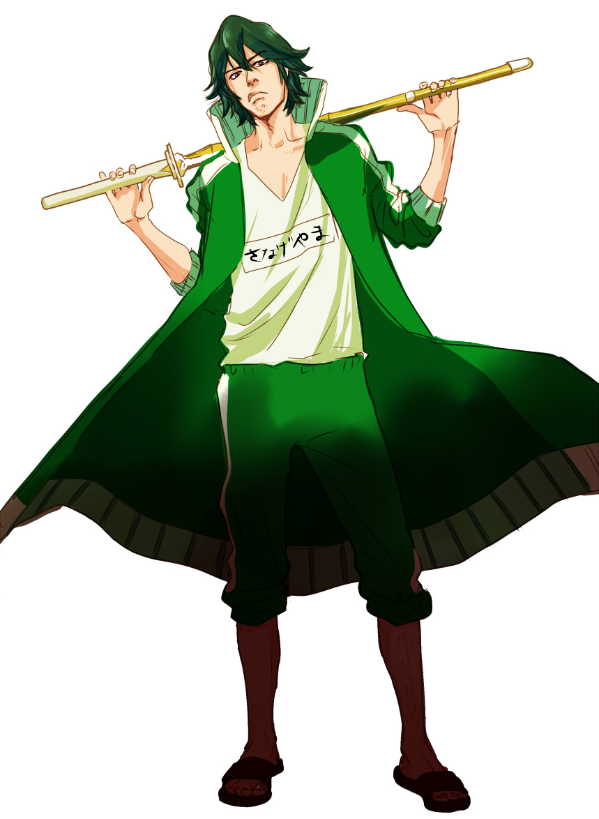 1boy green_hair kill_la_kill ma2 male over_shoulder pants_rolled_up sanageyama_uzu sandals shinai solo standing sword track_jacket track_pants track_suit weapon weapon_over_shoulder white_background