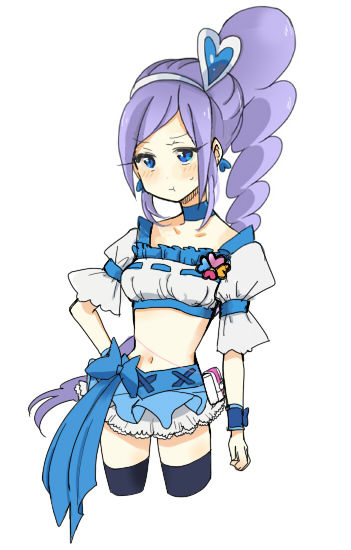 1girl aono_miki blue_eyes blue_skirt blush choker cure_berry drill_hair earrings eyelashes fresh_precure! frilled_skirt frills hair_ornament hairband high_heels jewelry long_hair looking_at_viewer magical_girl midriff navel open_mouth ponytail pout precure purple_hair ribbon shijima_(agkm) shirt side_ponytail simple_background sketch skirt solo standing thighhighs thighs white_background wrist_cuffs