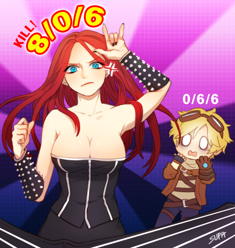 1boy 1girl alternate_costume alternate_hair_color alternate_hairstyle artist_request belt black_dress black_nails blonde_hair blue_eyes bracelet breasts cleavage dress ezreal frown gloves goggles goggles_on_head jewelry large_breasts league_of_legends long_hair looking_at_viewer no_pupils redhead short_hair sona_buvelle spiked_bracelet spikes strapless_dress surprised white_eyes