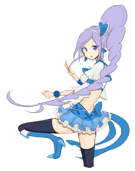 1girl aono_miki blue_eyes blue_skirt boots choker cure_berry drill_hair earrings eyelashes fighting_stance fresh_precure! frilled_skirt frills hair_ornament hairband high_heels jewelry knee_boots long_hair looking_at_viewer magical_girl midriff open_mouth ponytail precure purple_hair ribbon serious shijima_(agkm) shirt side_ponytail simple_background sketch skirt solo standing thighhighs thighs white_background wrist_cuffs