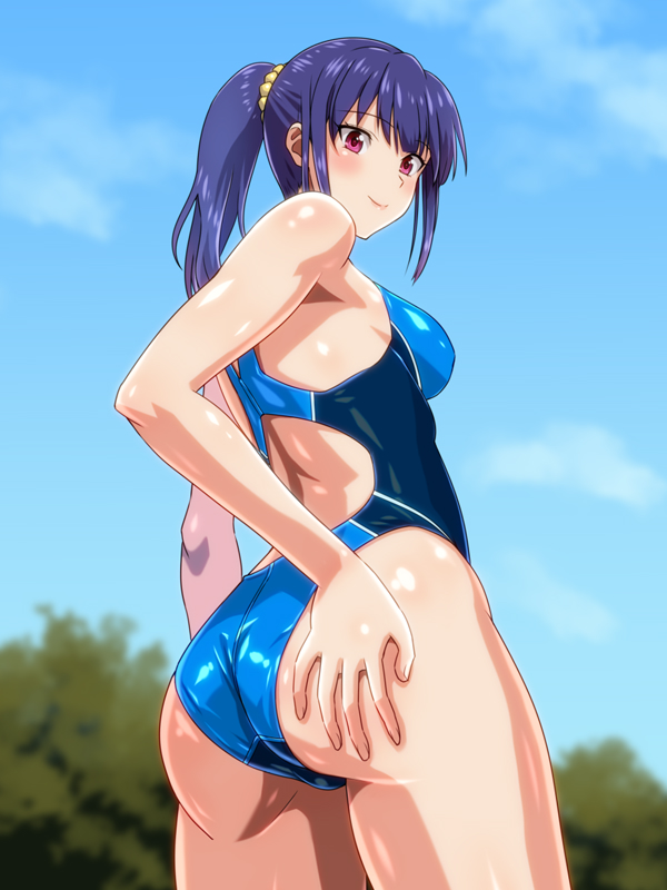 1girl ass blue_sky blue_swimsuit blurry breasts clouds commentary_request competition_swimsuit cowboy_shot day depth_of_field from_behind hand_on_own_ass lips long_hair looking_at_viewer looking_back medium_breasts monteriakitto one-piece_swimsuit original outdoors purple_hair red_eyes sky solo swimsuit tree