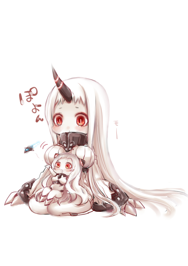2girls airfield_hime blush breasts chibi detached_sleeves horn horns kantai_collection large_breasts long_hair multiple_girls open_mouth red_eyes ribbed_dress seaport_hime shinkaisei-kan tobi_(one) very_long_hair white_background white_hair