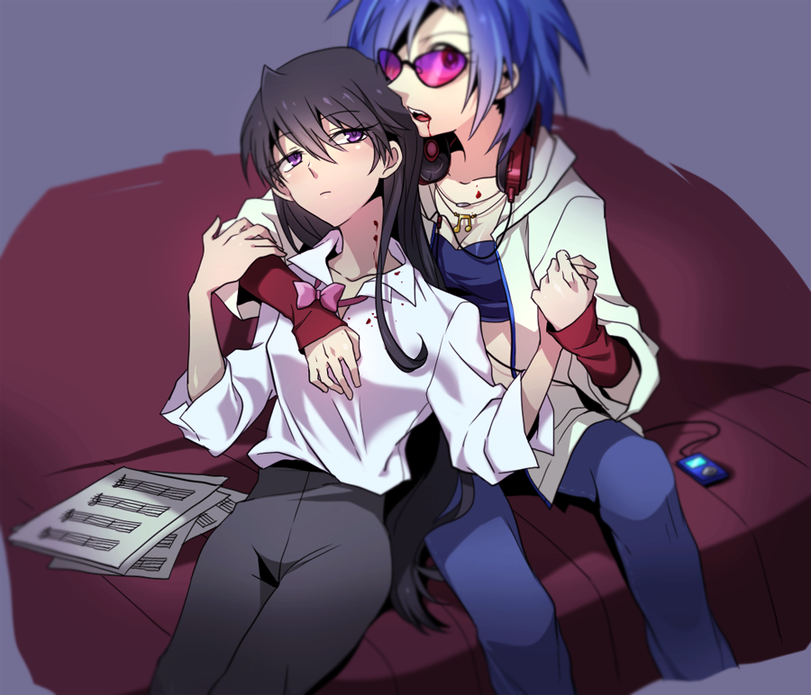 2girls black_hair black_pants blood blood_on_face blue_hair blush couch headphones headphones_around_neck jacket jewelry long_hair long_sleeves megarexetera mp3 multiple_girls my_little_pony my_little_pony_friendship_is_magic necklace octavia_(my_little_pony) open_mouth personification shirt short_hair sitting sunglasses vampire vinyl_scratch violet_eyes white_shirt