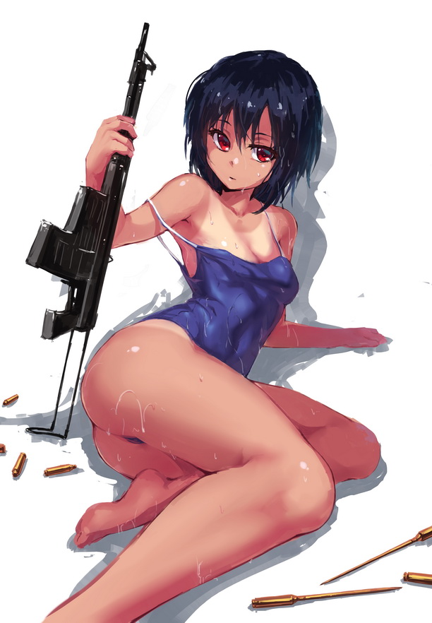 1girl aps barefoot black_hair blush competition_school_swimsuit gun looking_at_viewer nightmaremk2 one-piece_swimsuit one-piece_tan original red_eyes rifle rough simple_background solo strap_slip swimsuit tan tanline weapon wet white_background