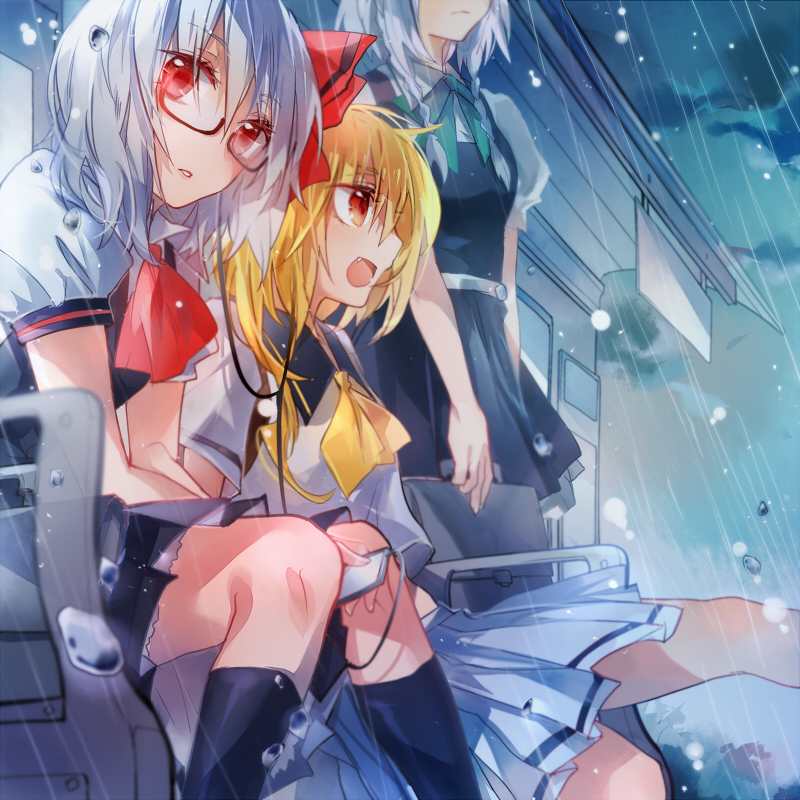 3girls alternate_costume ascot bag bench bespectacled blonde_hair bow braid building clouds cloudy_sky contemporary digital_media_player fang flandre_scarlet frown glasses hair_bow hair_ribbon head_out_of_frame izayoi_sakuya kneehighs lavender_hair leg_up looking_at_viewer looking_away multiple_girls open_mouth parted_lips rain red_eyes remilia_scarlet ribbon school_bag school_uniform serafuku short_hair short_sleeves silver_hair sitting skirt skirt_set sky standing tg touhou twin_braids water_droplets