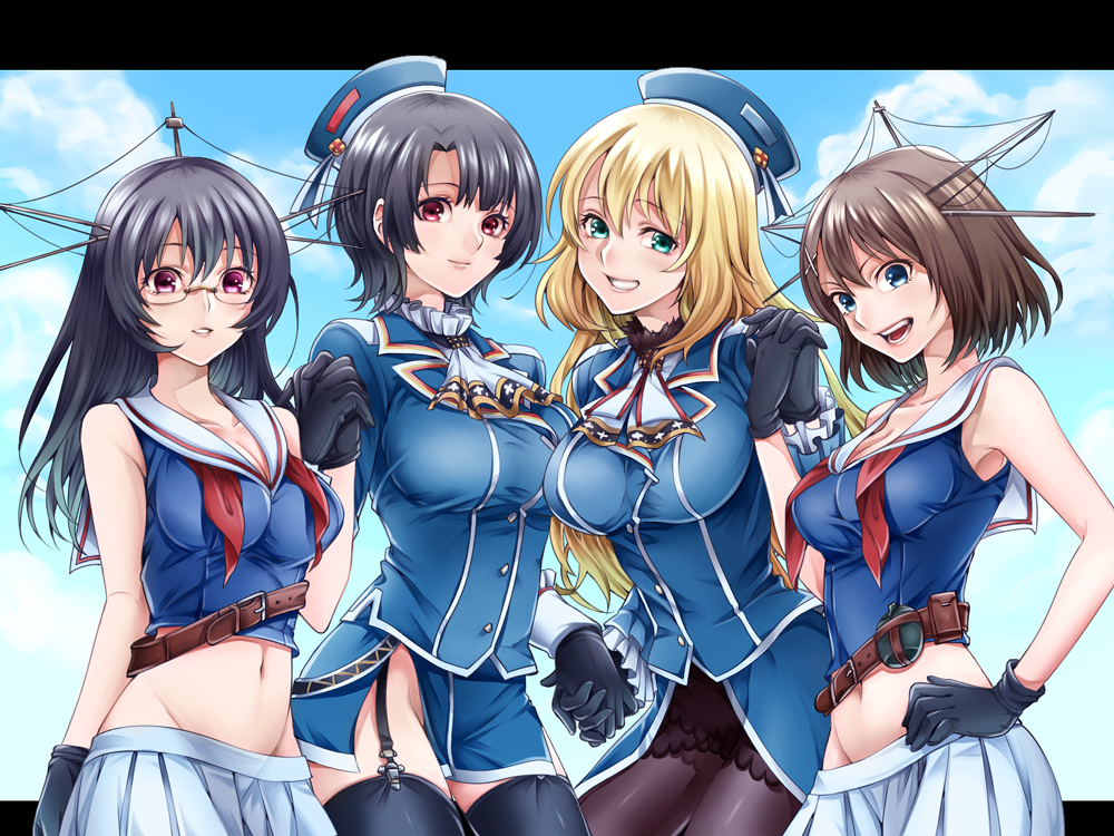 4girls atago_(kantai_collection) belt black_gloves black_hair blonde_hair blue_eyes blue_shirt breasts brown_hair choukai_(kantai_collection) cleavage crop_top garter_belt glasses gloves grin hand_on_hip holding_hands impossible_clothes impossible_shirt kantai_collection large_breasts long_hair long_sleeves looking_at_viewer maya_(kantai_collection) midriff multiple_girls navel olmatown open_mouth pantyhose parted_lips personification red_eyes short_hair skirt smile takao_(kantai_collection) taut_clothes taut_shirt thigh-highs uniform white_skirt