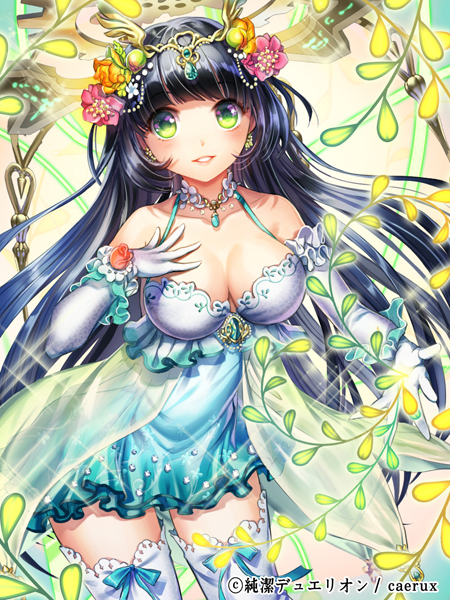 1girl black_hair blue_dress blush breasts character_request cleavage dress esphy flower gloves green_eyes hair_flower hair_ornament jewelry junketsu_duelion long_hair looking_at_viewer necklace smile solo thigh-highs white_gloves white_legwear