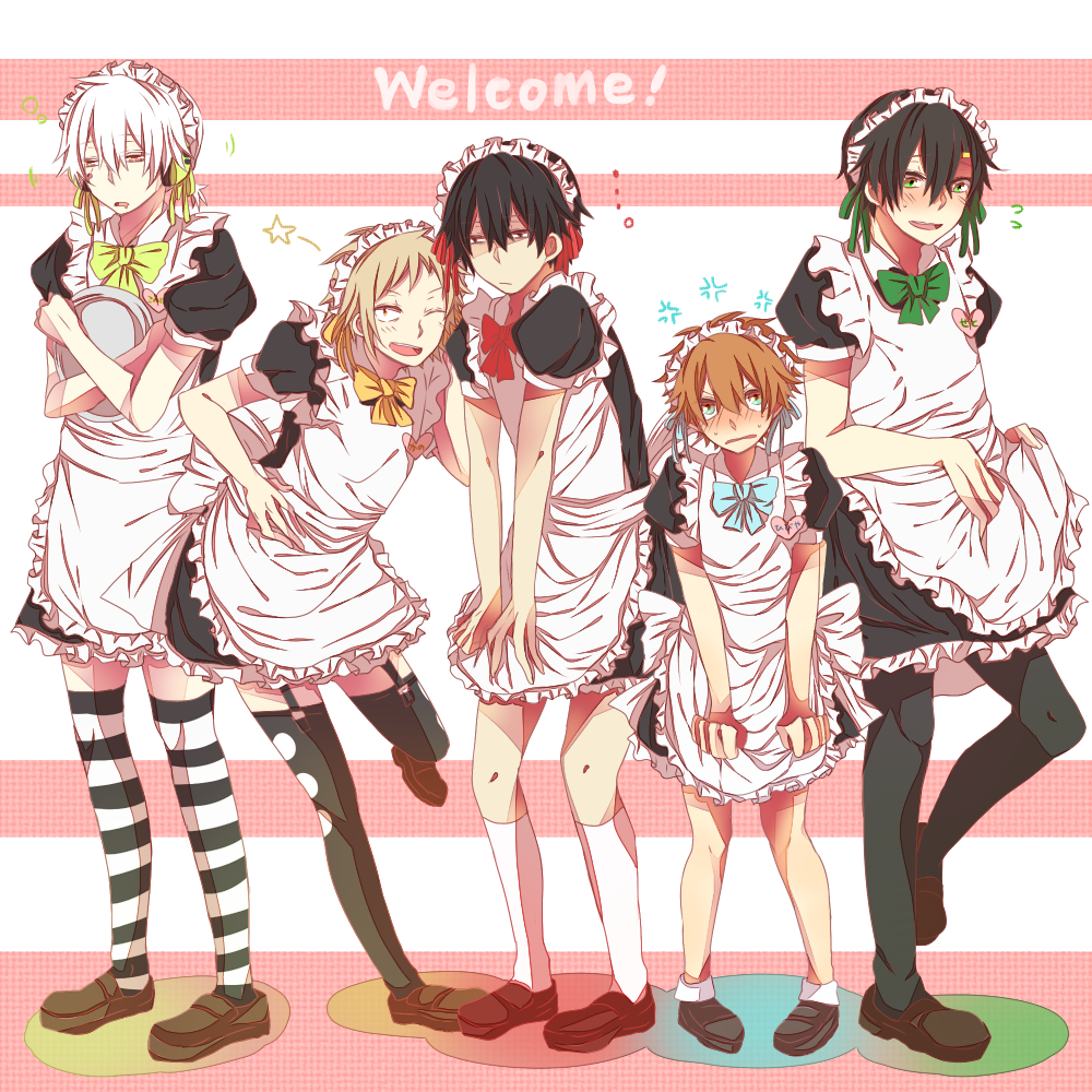 5boys alternate_costume amamiya_hibiya apron black_hair black_legwear blonde_hair blue_eyes bow brown_hair crossdressinging green_eyes kagerou_project kano_shuuya kisaragi_shintarou kneehighs konoha_(kagerou_project) long_hair maid maid_headdress multiple_boys negi_(ngng_9) pantyhose red_eyes ribbon seto_kousuke short_hair short_ponytail silver_hair striped striped_legwear thigh-highs white_legwear