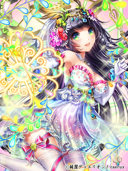 1girl black_hair blush breasts character_request cleavage dress esphy flower gloves green_eyes hair_flower hair_ornament jewelry junketsu_duelion long_hair necklace open_mouth smile solo strapless_dress thigh-highs veil white_gloves white_legwear