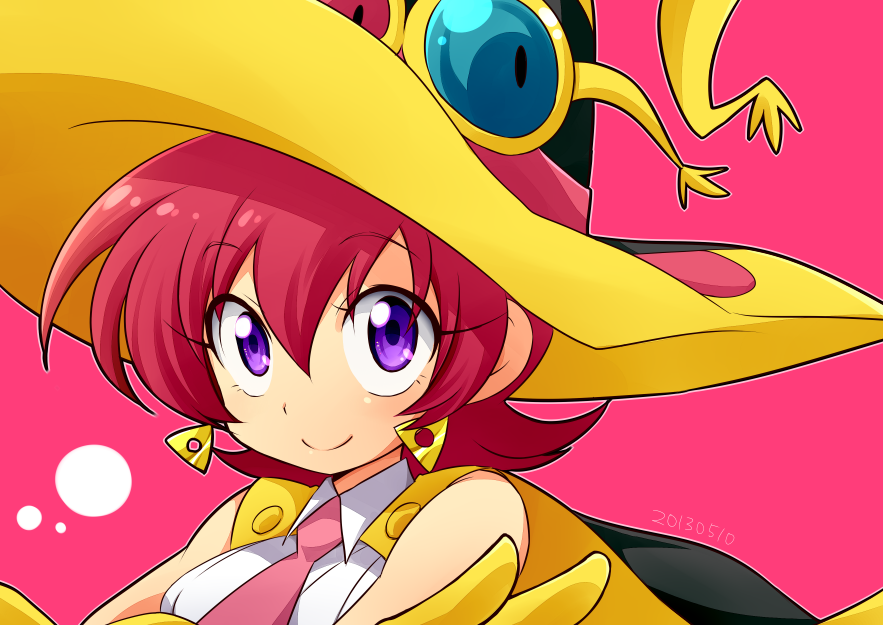 1girl dated earrings feylin hat jewelry looking_at_viewer necktie pink_background redhead short_hair smile solo sunglasses take_no_ko tanken_driland violet_eyes witch_hat