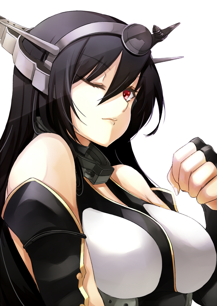 1girl asya bare_shoulders black_hair blush breasts elbow_gloves fingerless_gloves gloves hairband headgear highres kantai_collection long_hair nagato_(kantai_collection) one_eye_closed personification red_eyes solo wink