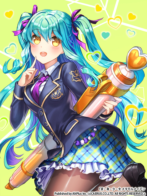 1girl blue_hair blue_skirt blush character_request checkered checkered_skirt esphy frilled_skirt frills heart hen-shin-shou-jo_metamol_maiden jacket long_hair long_sleeves necktie open_mouth pantyhose pencil school_uniform shoes skirt smile solo twintails two_side_up yellow_eyes
