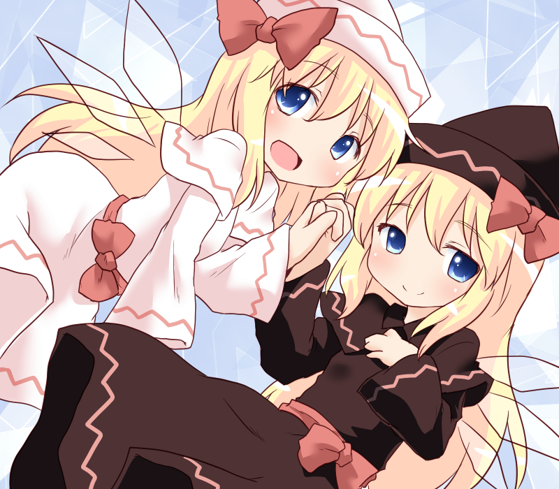 2girls black_dress blonde_hair blue_eyes bow capelet dress dual_persona fairy_wings hat hat_bow holding_hands interlocked_fingers lily_black lily_white long_hair long_sleeves looking_at_viewer multiple_girls natsu_no_koucha open_mouth sash smile touhou very_long_hair white_dress wide_sleeves wings