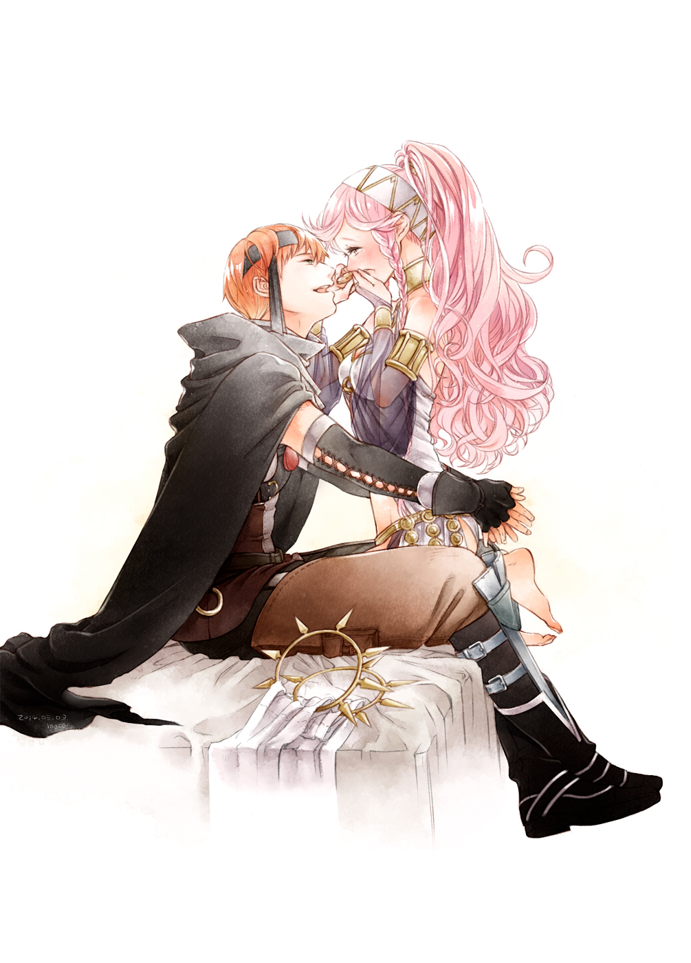 1boy 1girl barefoot boots braid bridal_gauntlets cape covering_mouth fingerless_gloves fire_emblem fire_emblem:_kakusei gaia_(fire_emblem) gloves hand_over_own_mouth headband highres moka_(choco_liliy) olivia_(fire_emblem) open_mouth orange_hair pink_hair ponytail sitting smile
