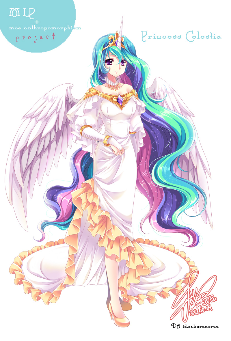1girl bridal_gauntlets celestia_(my_little_pony) character_name crown dress feathered_wings full_moon green_hair high_heels horn long_hair long_sleeves moon multicolored_hair my_little_pony my_little_pony_friendship_is_magic personification sakurano_tsuyu smile solo standing very_long_hair violet_eyes white_background white_dress white_wings wings