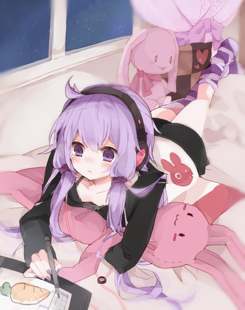 &gt;:&lt; 1girl bed blanket blush carrot collarbone curtains drawing headphones highres long_hair long_sleeves nail_polish pillow purple_hair purple_legwear shorts sikuku striped striped_legwear stuffed_animal stuffed_bunny stuffed_toy stylus tablet thigh-highs twintails violet_eyes vocaloid window yuzuki_yukari