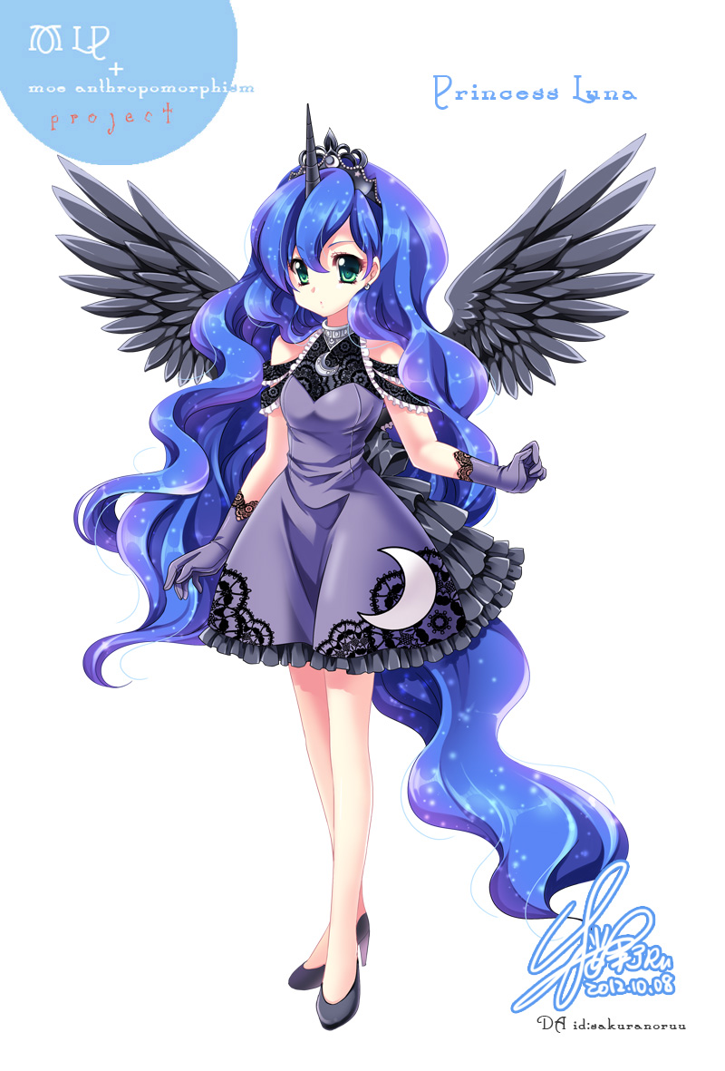 1girl black_dress black_gloves black_wings blue_hair character_name crown dress earrings feathered_wings full_body gloves green_eyes high_heels horn jewelry long_hair luna_(my_little_pony) my_little_pony my_little_pony_friendship_is_magic personification sakurano_tsuyu solo standing white_background wings