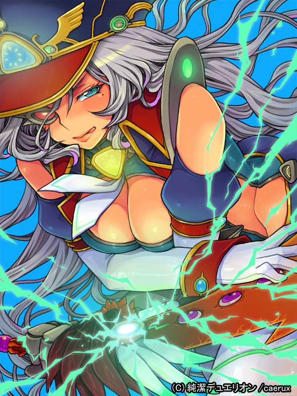 1girl :p bare_shoulders blue_eyes cleavage_cutout elbow_gloves eroe gloves hat junketsu_duelion long_hair mole original red_eyes silver_hair solo sword tongue tongue_out weapon